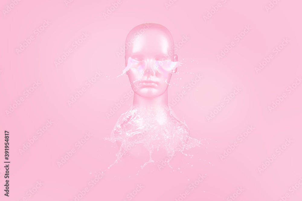 Mannequin head water elemental on a pink background