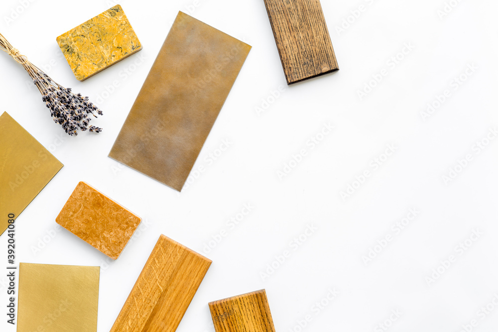 Wooden stoneware and kitchen countertops samples on the table, flat lay