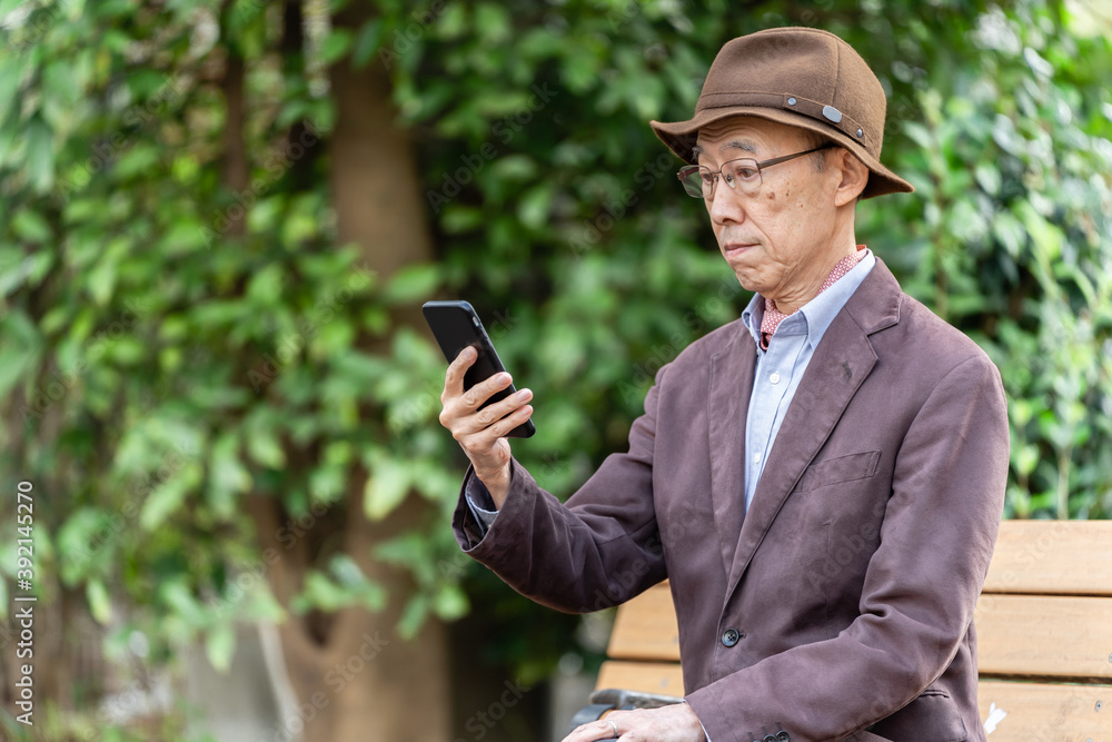 公園でスマートフォンを使うシニア男性