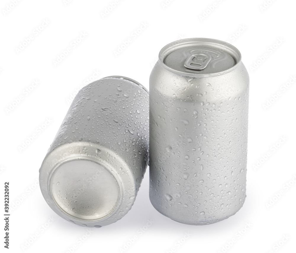 wet metal aluminum beverage drink cans isolated on white background