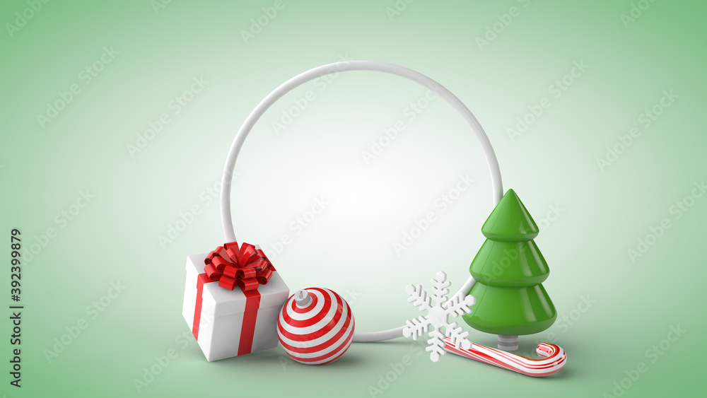 Christmas background. Сhristmas tree, gift, christmas lollipop and christmas ball. Template mock up.