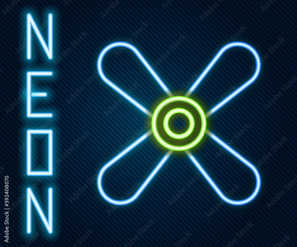 Glowing neon line Plane propeller icon isolated on black background. Vintage aircraft propeller. Col