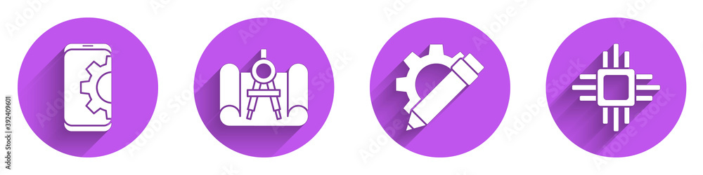 Set Setting on smartphone, Graphing paper and compass, Pencil and gear and Processor with microcircu