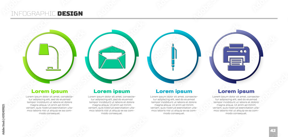 设置台灯、信封、笔和打印机。业务信息图形模板。矢量。