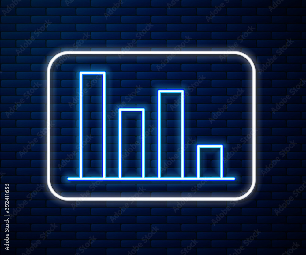闪耀的霓虹灯线饼图信息图图标隔离在砖墙背景上。图表标志。