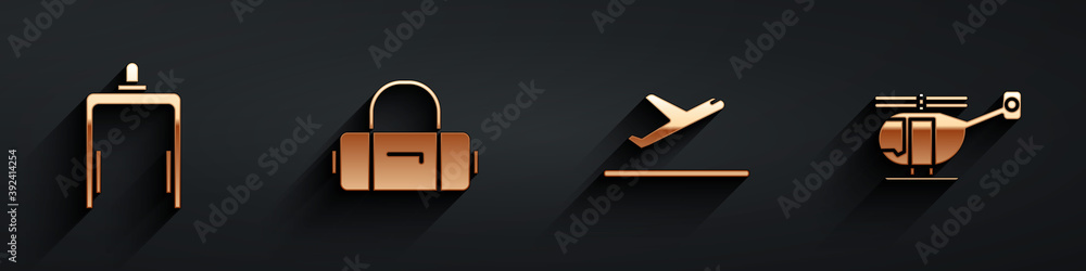 Set Metal detector in airport, Suitcase, Plane takeoff and Helicopter icon with long shadow. Vector.