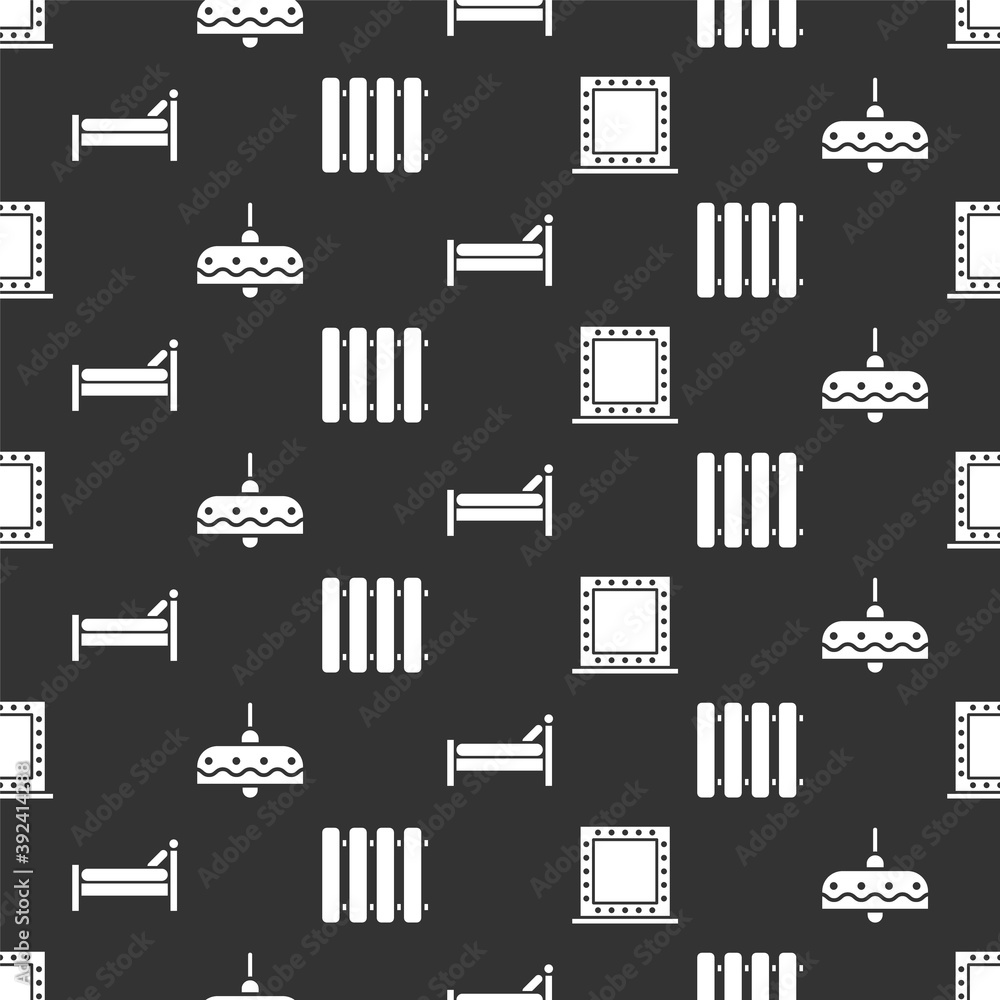 将化妆镜、吊灯、床和暖气散热器设置为无缝图案。矢量。