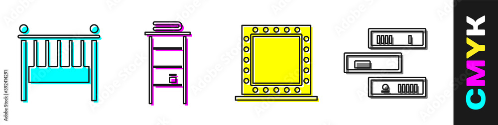 设置婴儿床摇篮床，带毛巾架的浴室架，带灯和架子的化妆镜