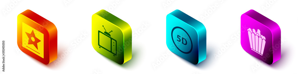 Set Isometric Hollywood walk of fame star, Retro tv, 5d virtual reality and Popcorn in box icon. Vec