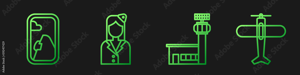 设置线路机场控制塔、飞机窗口、乘务员和飞机。渐变色图标。矢量。