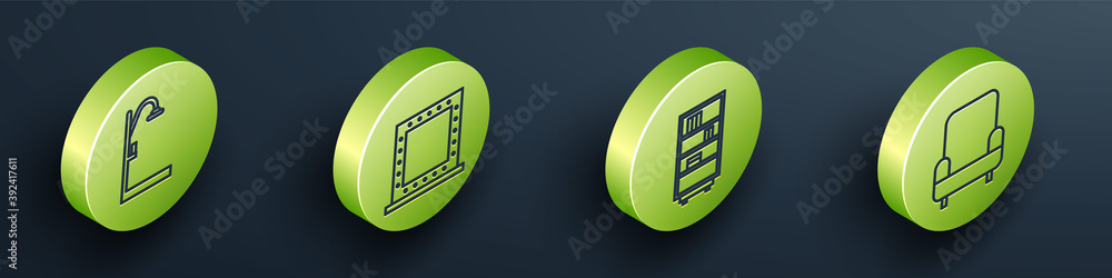 Set Isometric Shower, Makeup mirror with lights, Library bookshelf and Armchair icon. Vector.