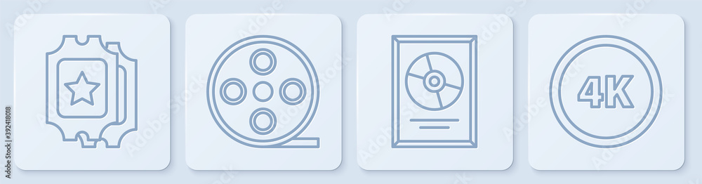 电影院套票，画框内CD光盘奖，电影卷轴和4k超高清。白色方形按钮。Vect