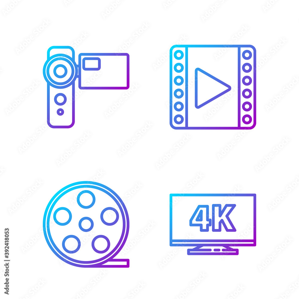 Set line Screen tv with 4k, Film reel, Cinema camera and Play Video. Gradient color icons. Vector.