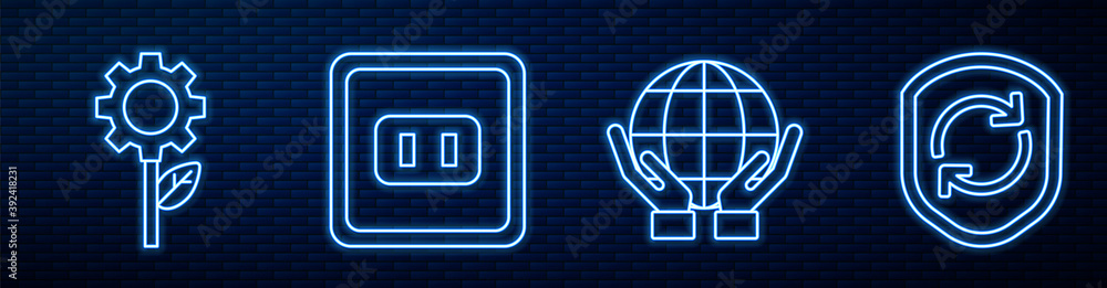 Set line Hands holding Earth globe, Leaf plant in gear machine, Electrical outlet and Recycle symbol