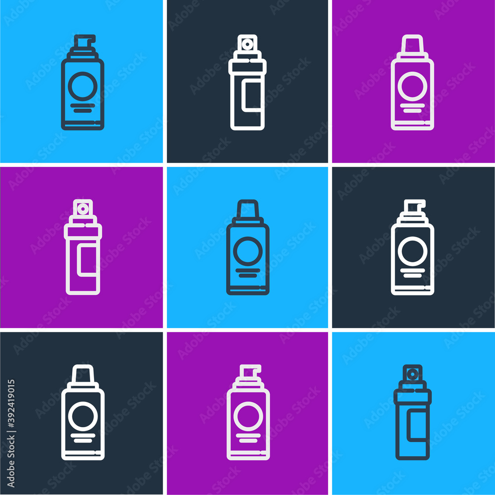 Set line Spray can for hairspray, Bottle of shampoo and Perfume icon. Vector.