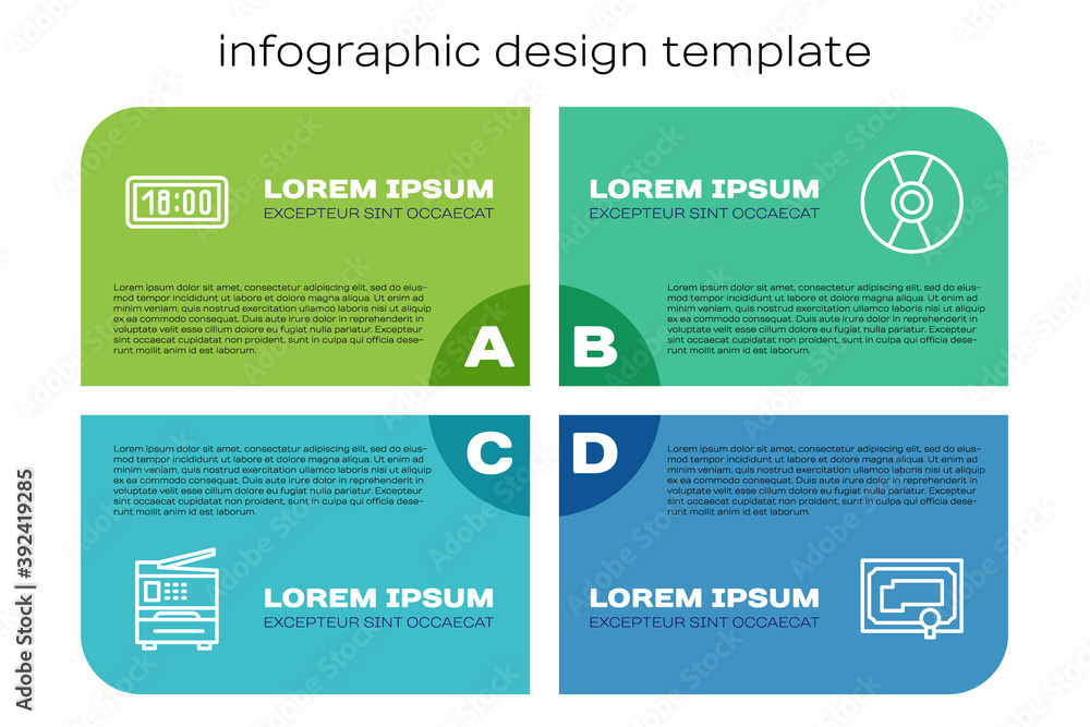 Set line Printer, Digital alarm clock, Certificate template and CD or DVD disk. Business infographic