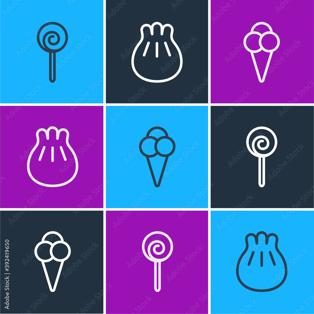 Set line Lollipop, Ice cream in waffle cone and Khinkali cutting board icon. Vector.