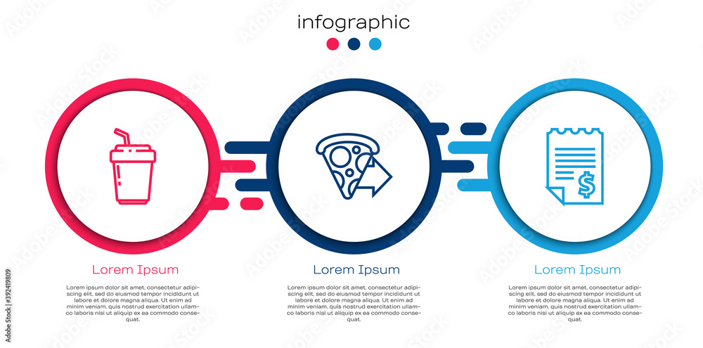 Set line Coffee cup to go, Online ordering pizza delivery and Paper financial check. Business infogr