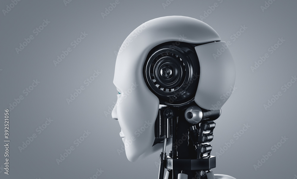 Back view of humanoid AI robot head. 3D illustration.