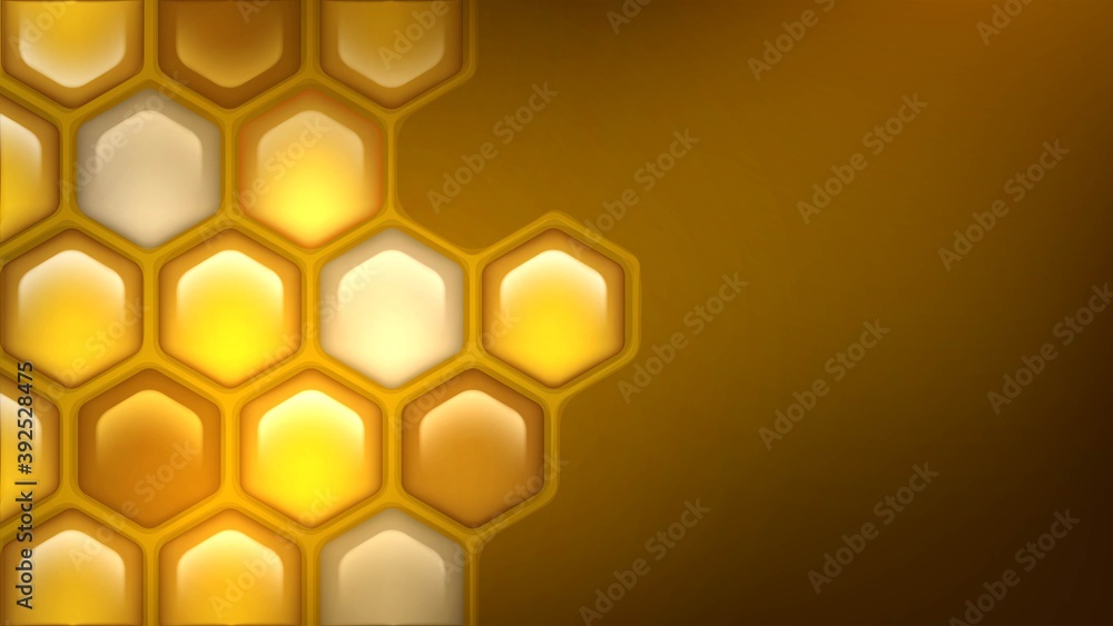 Vector background with honeycomb with honey, yellow shiny hexagons or bee hive