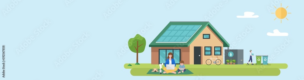 Illustration of happy family and eco friendly sustainable modern house