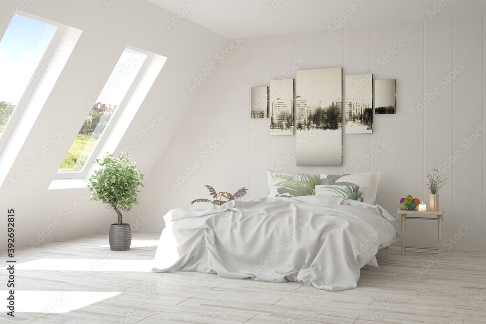 White bedroom interior. Scandinavian design. 3D illustration