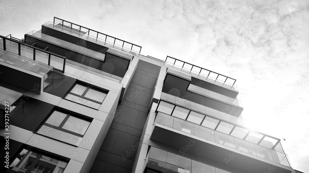 Detail of modern residential flat apartment building exterior. Fragment of new luxury house and home