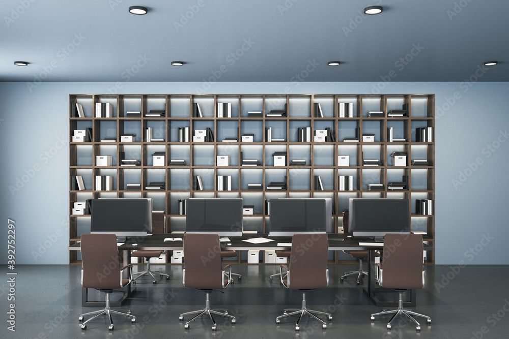 Contemporary office interior with shelf with books