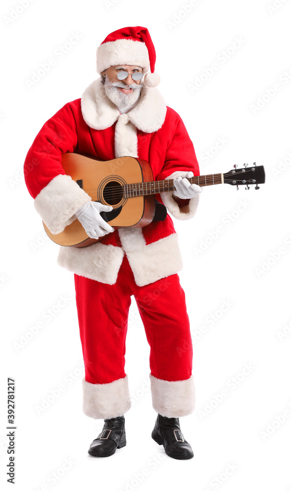 Cool Santa Claus with guitar on white background