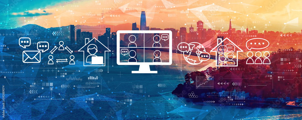 Online meeting theme with aerial view of the Bay Bridge in San Francisco