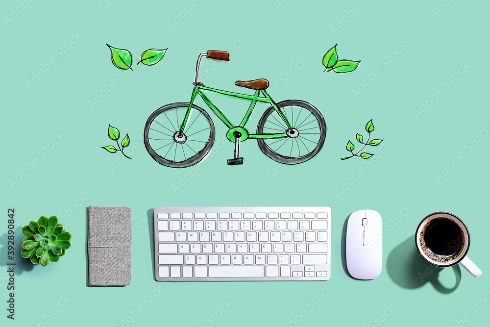 Eco bicycle with a computer keyboard and a mouse