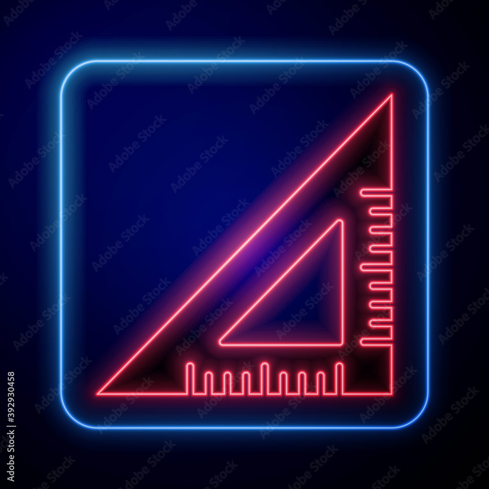 Glowing neon Triangular ruler icon isolated on blue background. Straightedge symbol. Geometric symbo