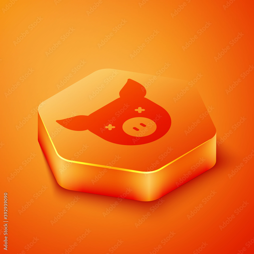 Isometric Pig icon isolated on orange background. Animal symbol. Orange hexagon button. Vector.