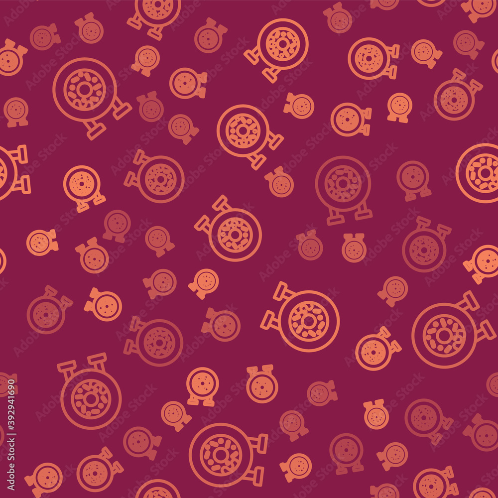 Brown line Donut with sweet glaze icon isolated seamless pattern on red background. Vector.