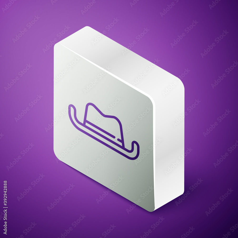 Isometric line Western cowboy hat icon isolated on purple background. Silver square button. Vector.