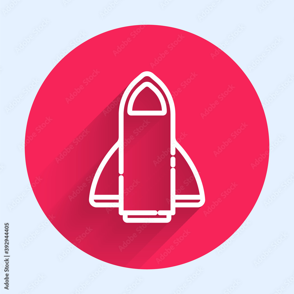 White line Rocket ship icon isolated with long shadow. Space travel. Red circle button. Vector.