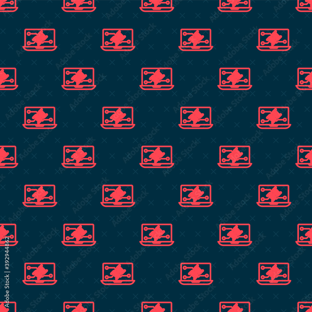 Red line Genetic engineering modification on laptop icon isolated seamless pattern on black backgrou