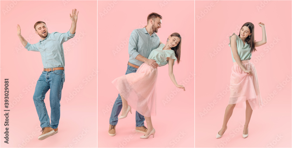 Happy young couple dancing against color background