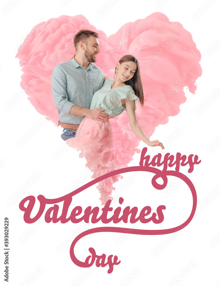 快乐的年轻夫妇在白色背景下跳舞，文字为Happy VALENTINES DAY