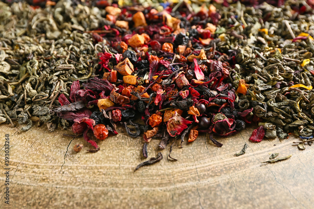 Different sorts of fruit tea on board, closeup