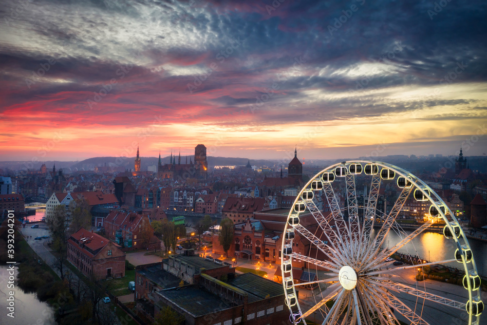 Amazing cityscape of Gdansk city at sunset, Poland