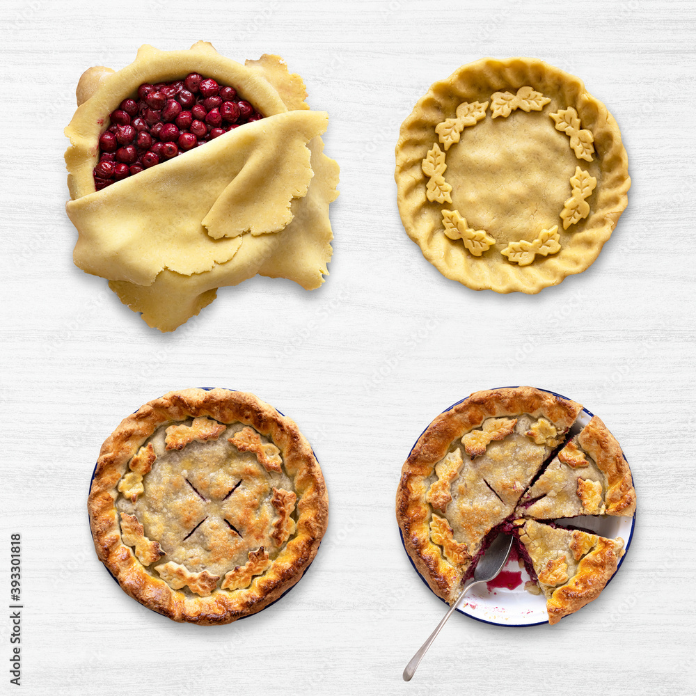 Baking steps cherry pie thanksgiving dessert flat lay