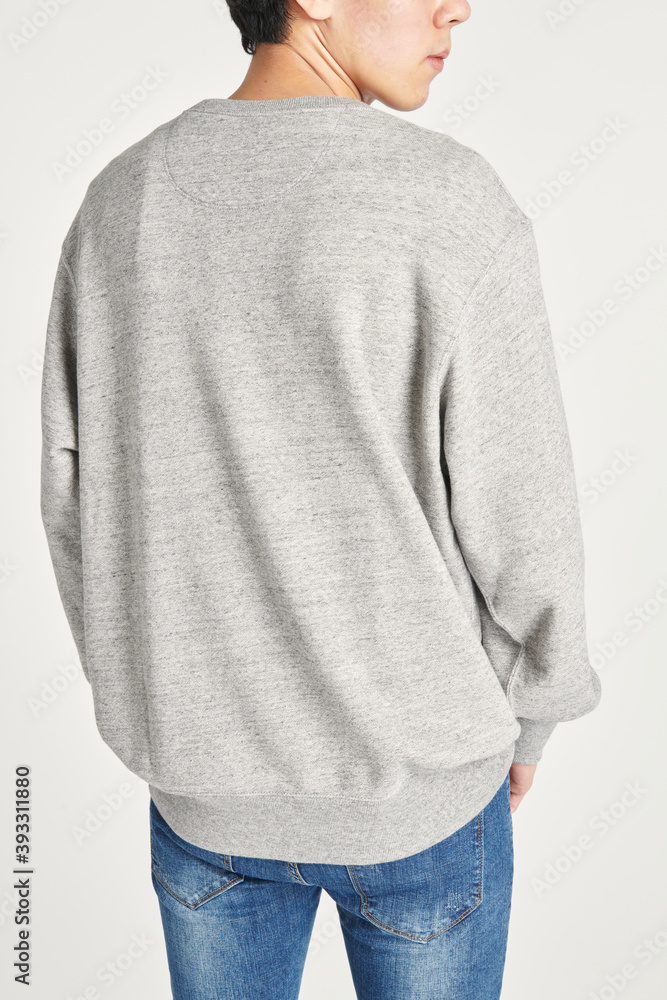 Rear view of an Asian man wearing a gray sweatshirt mockup