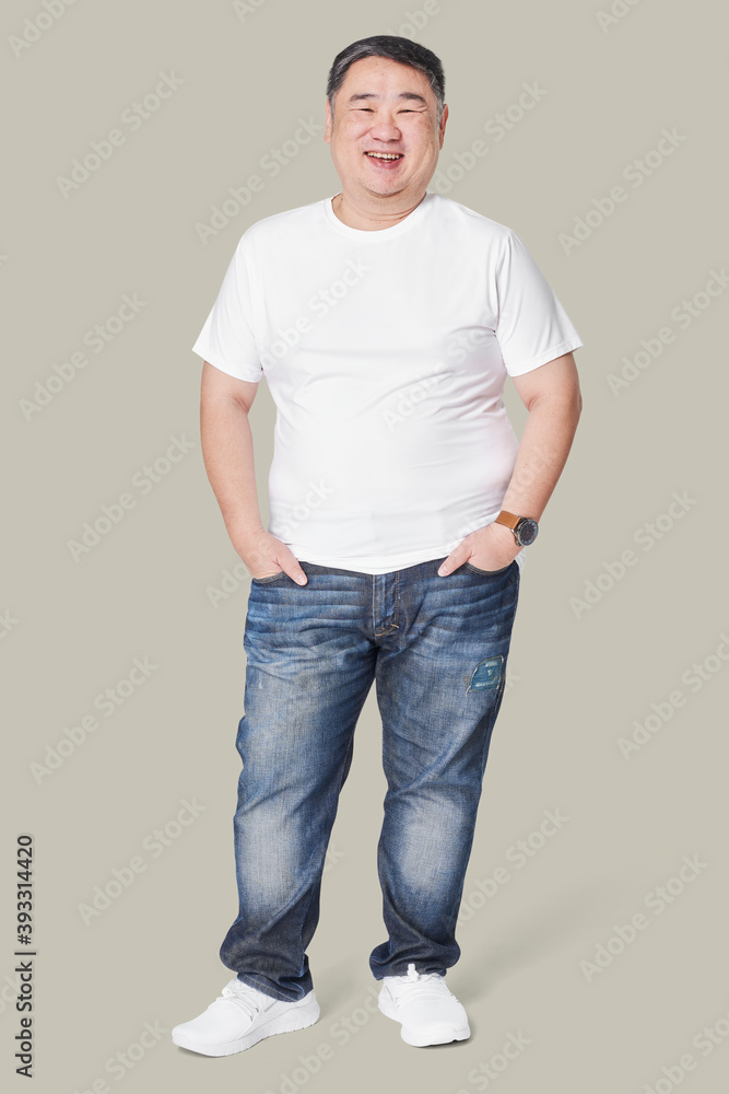 Men's white t-shirt and jeans plus size fashion full body