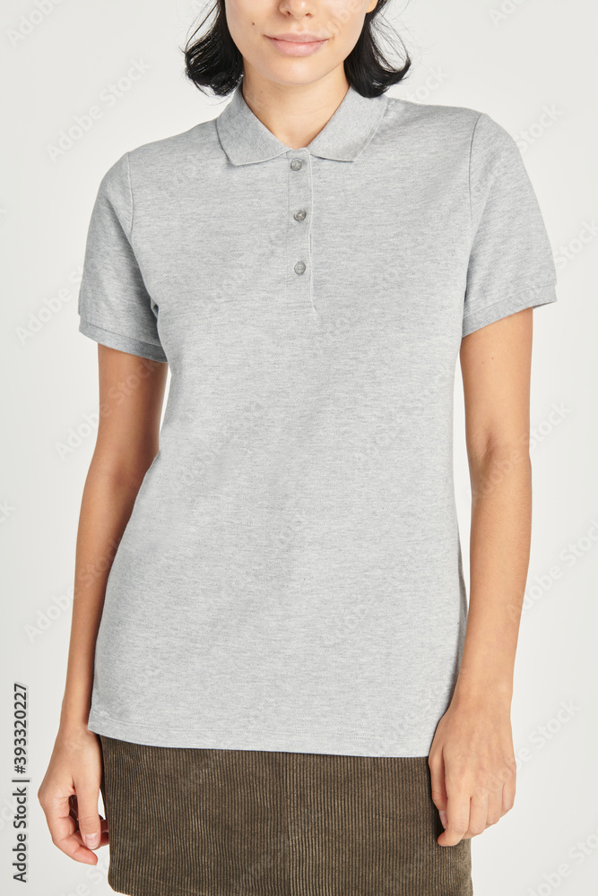 Woman wearing a gray collared shirt mockup