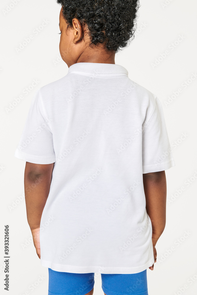 Black boy in white polo t shirt back view