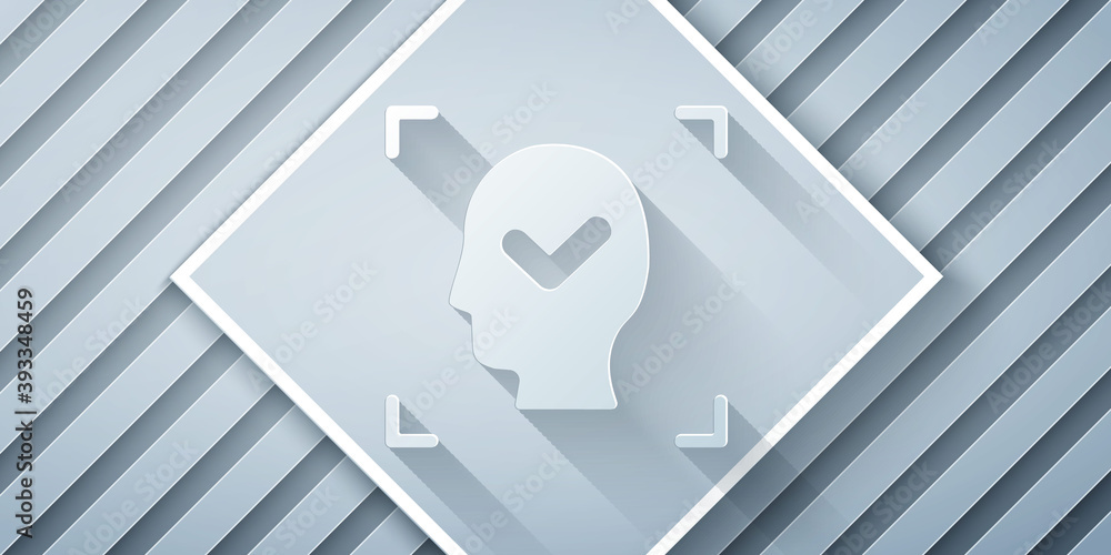 Paper cut Face recognition with check mark icon isolated on grey background. Face identification sca