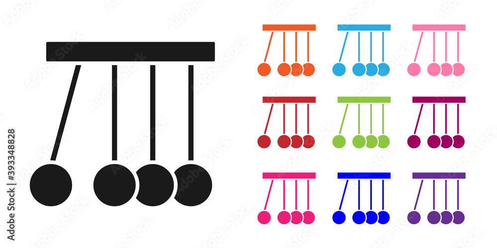 白色背景上隔离的黑色钟摆图标。牛顿摇篮。设置彩色图标。矢量。