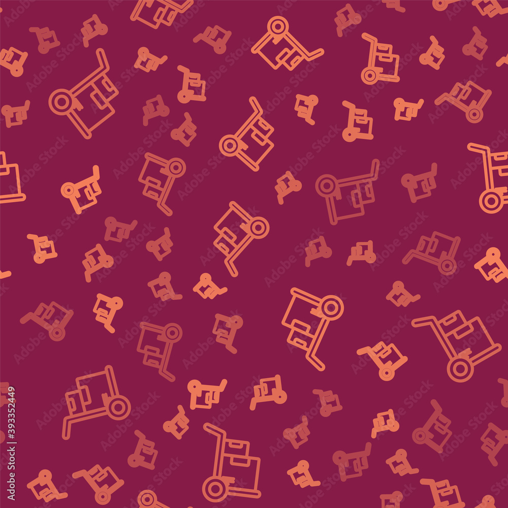 Brown line Hand truck and boxes icon isolated seamless pattern on red background. Dolly symbol. Vect