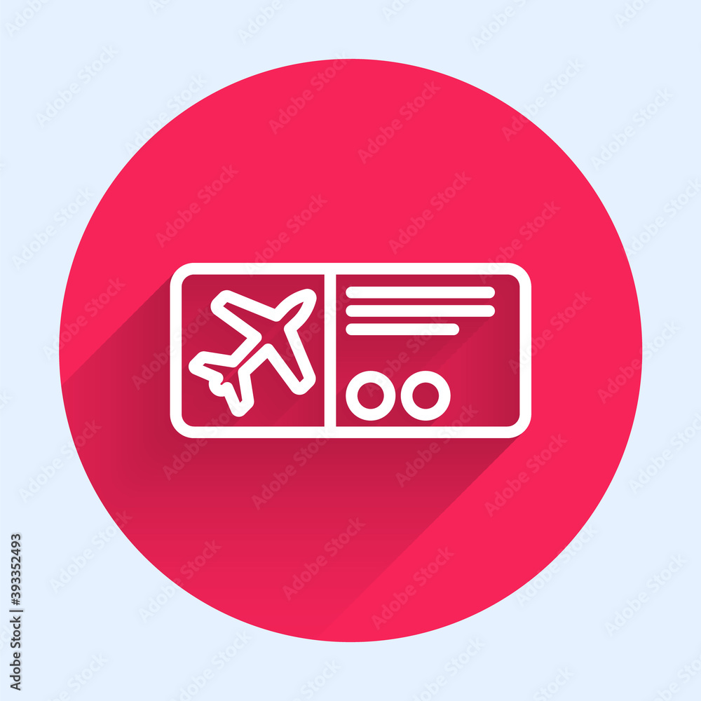 White line Airline ticket icon isolated with long shadow. Plane ticket. Red circle button. Vector Il